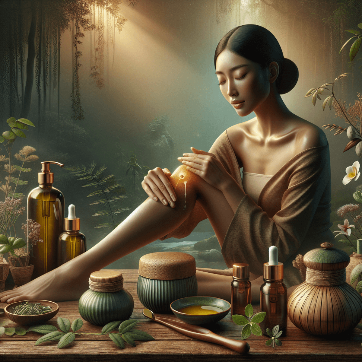 Slip Disc Treatment 4 A serene outdoor scene featuring a wooden table with an olive-colored bottle labeled "Pain Oil" and a cylindrical container in earthy brown for "Ayurveda Joint Care." Surrounding the products are various herbs, leaves, and flowers, enhancing the natural ambiance. In the foreground, a tranquil Asian woman sits peacefully, gently applying the oil to her knee, her face reflecting calmness and relaxation. The overall atmosphere conveys feelings of pain relief and holistic wellness in a highly realistic depiction.