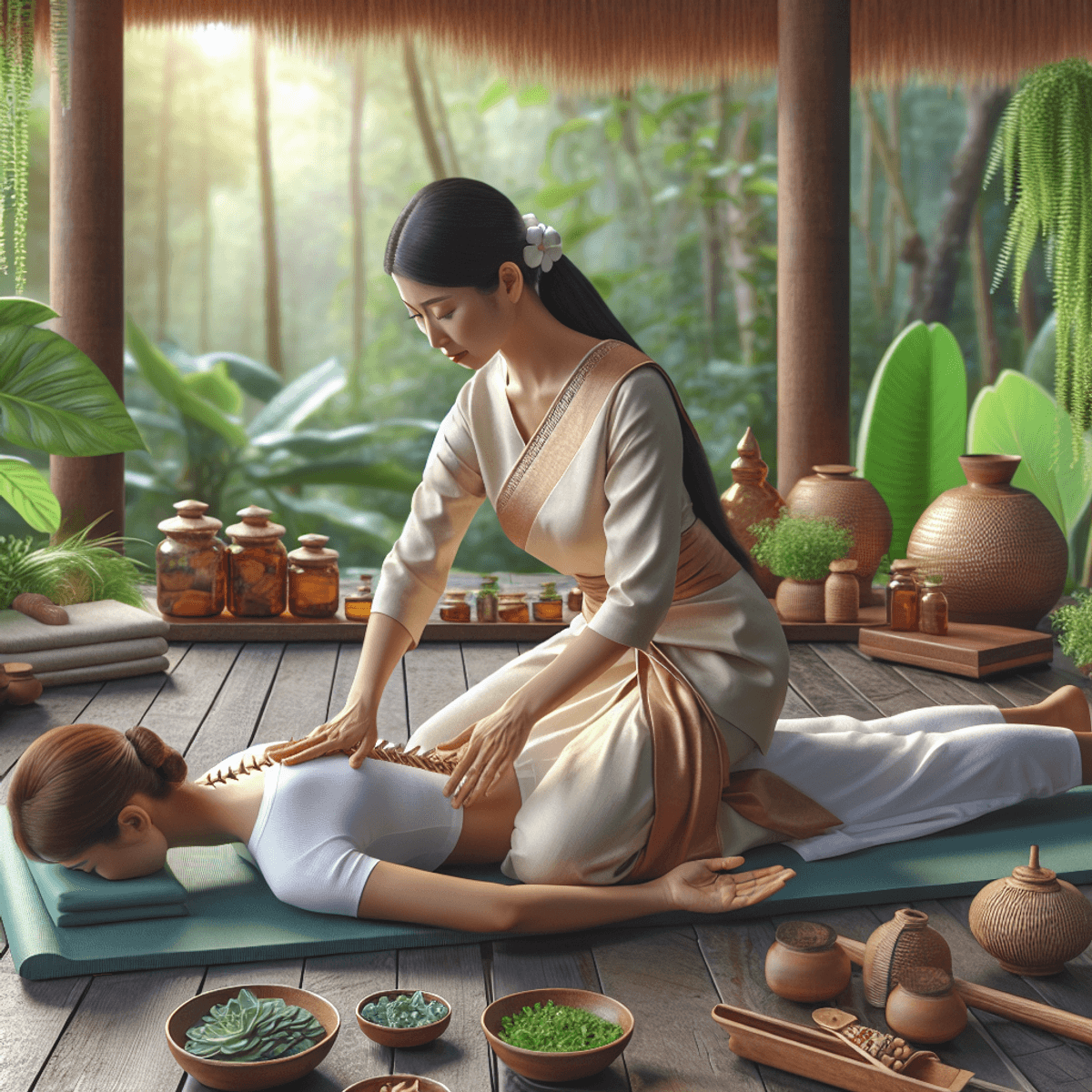 Slip Disc Treatment 2 A serene image of an Asian female Ayurvedic practitioner in traditional attire, gently demonstrating a spinal alignment technique to a patient lying on a yoga mat. The tranquil setting is filled with lush green plants and herbal remedies, embodying the essence of Ayurveda and promoting relaxation.