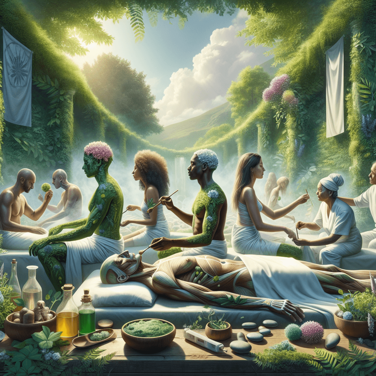 Slip Disc Treatment 6 A serene scene depicting mixed-race individuals, including Caucasians and Hispanics, engaged in a calming Ayurvedic treatment session. They are surrounded by lush greenery, with vibrant plants and herbs visible in the background. One person is receiving a gentle oil massage, while another prepares herbal mixtures on a wooden table adorned with natural elements like stones and flowers. The atmosphere exudes tranquility and healing, with soft sunlight filtering through the leaves, enhancing the mood of well-being related to neurological care.