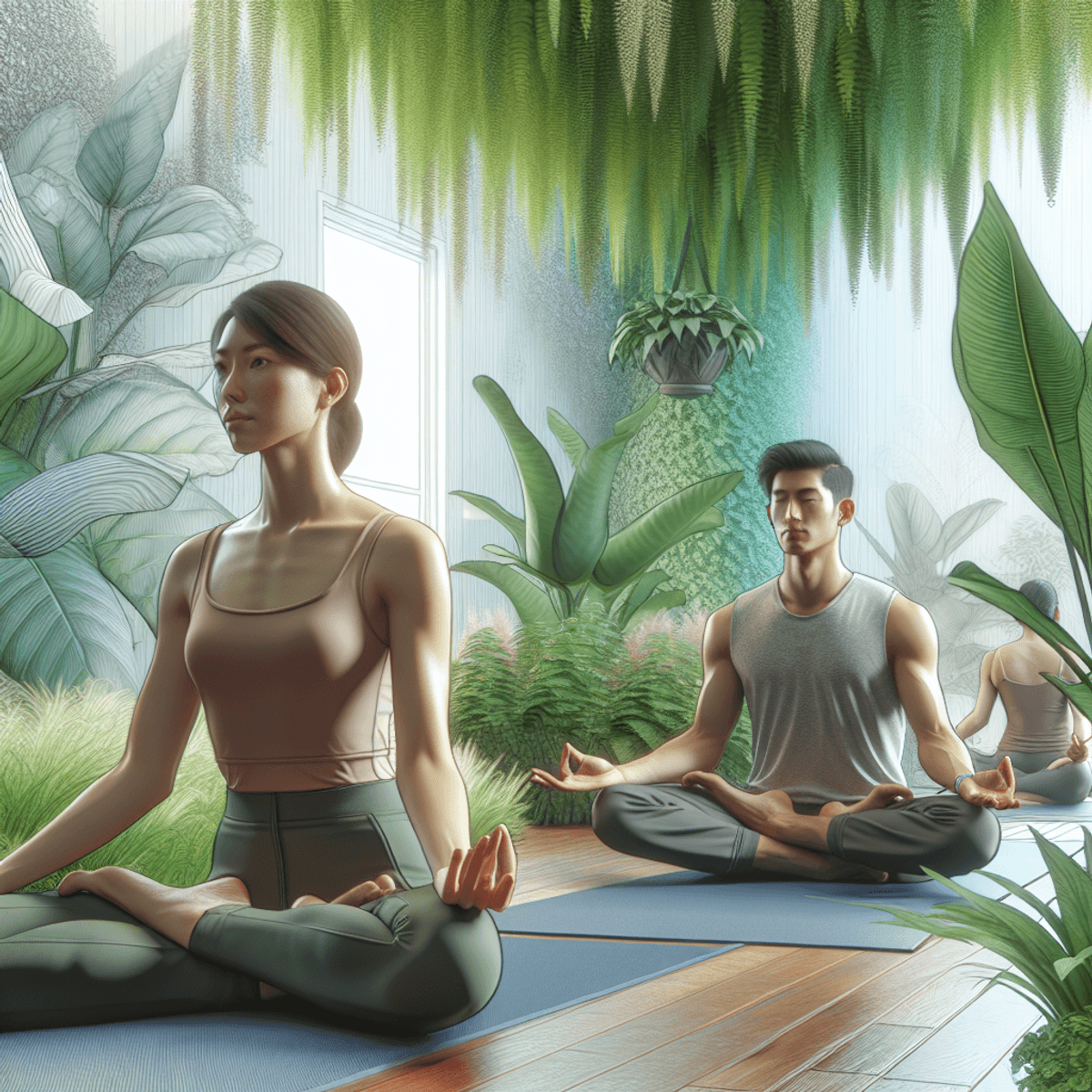 Slip Disc Treatment 3 A serene wellness center bathed in soft, warm lighting, adorned with vibrant green plants. A Caucasian woman and an Asian man are practicing yoga and meditation on yoga mats, embodying tranquility and focus. The environment is designed to promote holistic health, with natural elements and a calming atmosphere that invites relaxation and mindfulness.