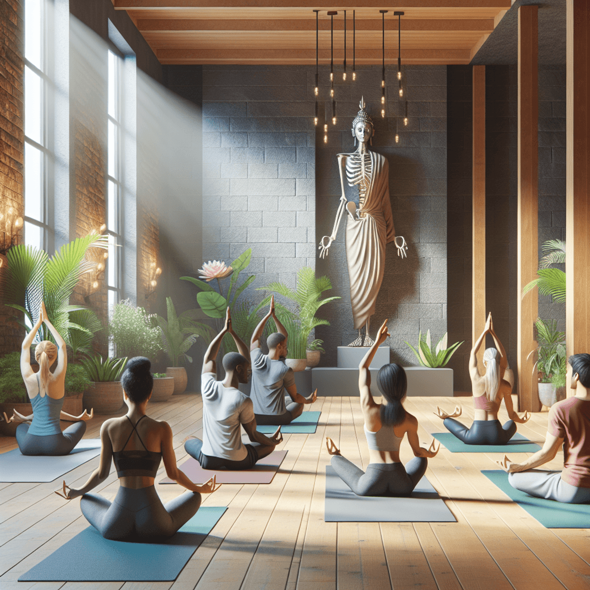 Slip Disc Treatment 5 A serene yoga studio with soft ambient lighting, featuring a diverse group of five individuals practicing gentle yoga poses. A Caucasian woman gracefully stretches on her mat, while a Black man balances in a supportive pose nearby. A South Asian woman is engaged in a gentle twist, and a Hispanic man is seated in a calming position. A Middle Eastern woman maintains focus as she practices mindfulness. The room is adorned with lush indoor plants, enhancing the tranquil atmosphere, and each person has their own yoga mat, contributing to the peaceful environment.