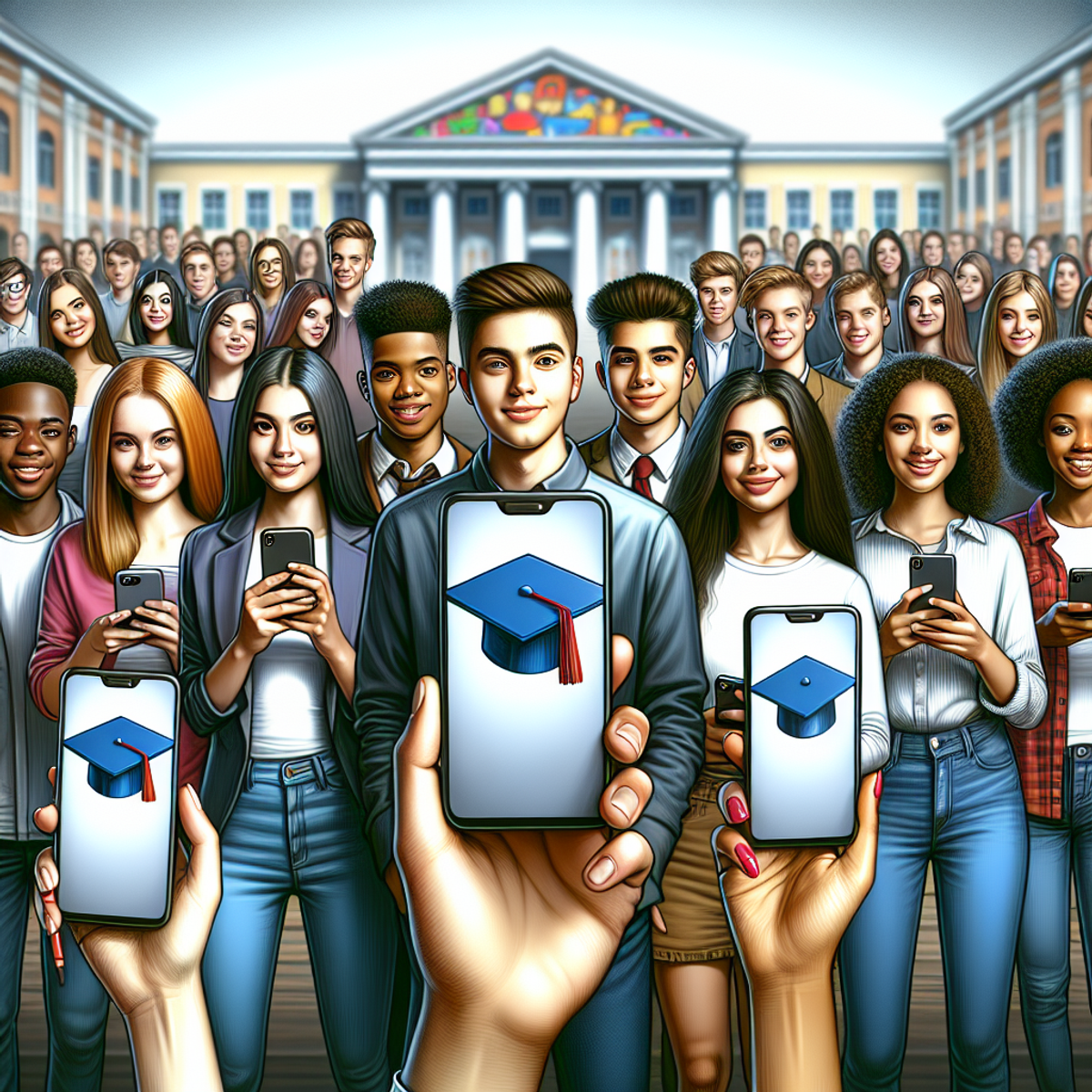 A diverse group of students holding smartphones with graduation cap symbols on the screens, standing confidently together in front of a decorated educational institution.