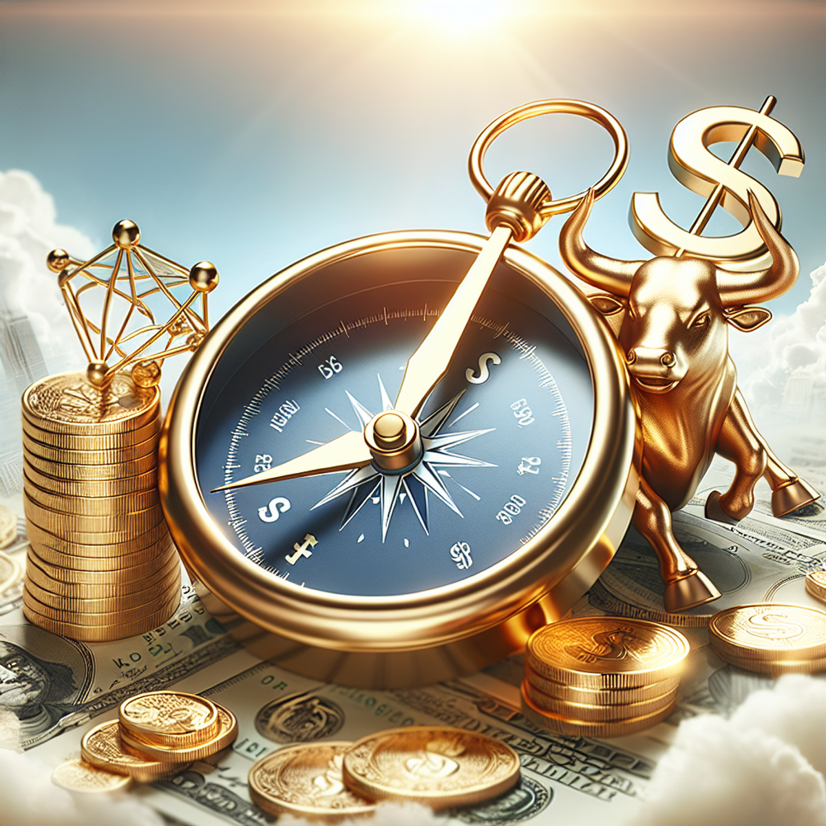 a shiny gilded compass with a needle pointing towards symbols representing prosperity in finances, including a bull, gold coins, and a dollar sign, under a bright sky.