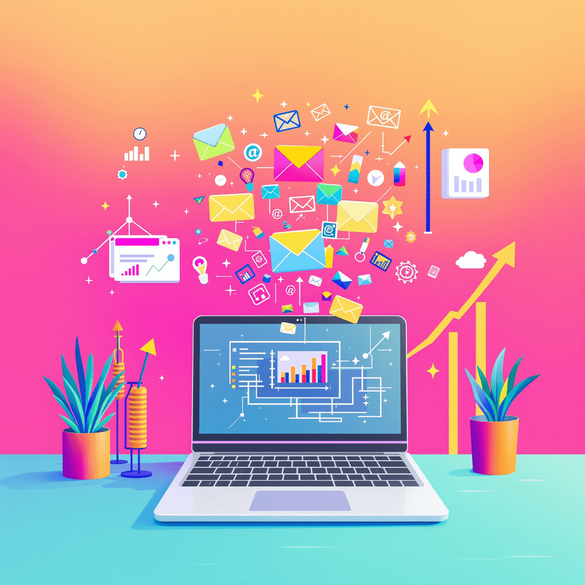A modern workspace with a laptop showing colorful email icons and abstract growth symbols like arrows and charts on a bright background.