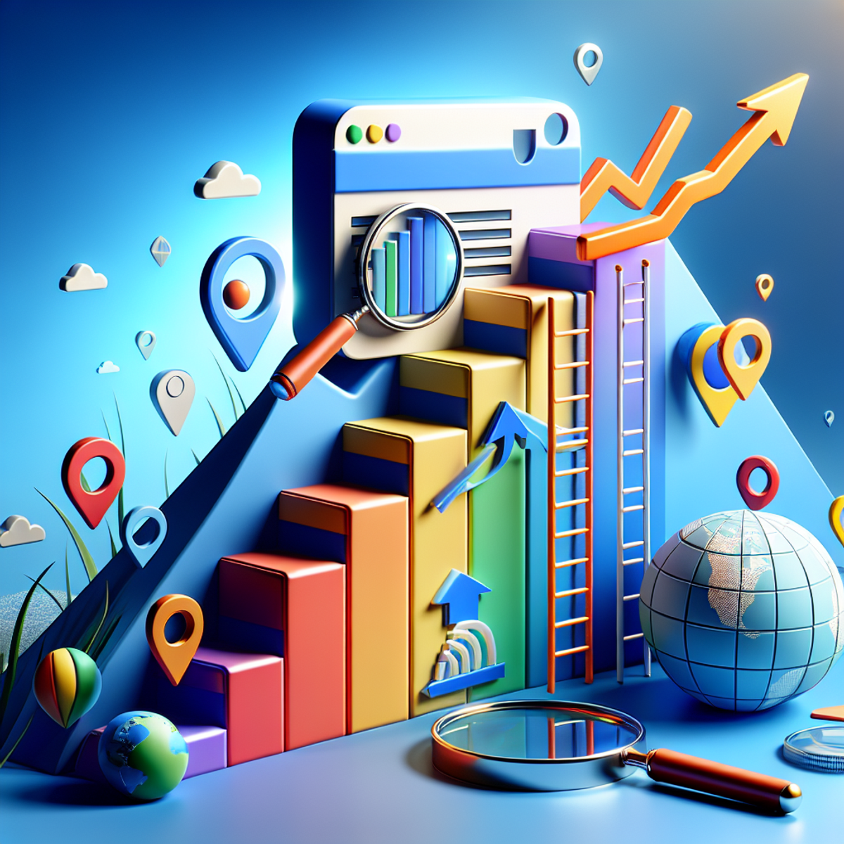 A website climbing a ladder, transitioning from gloomy colors at the bottom to bright colors at the top, with symbolic design elements like a magnifying glass and cursor.