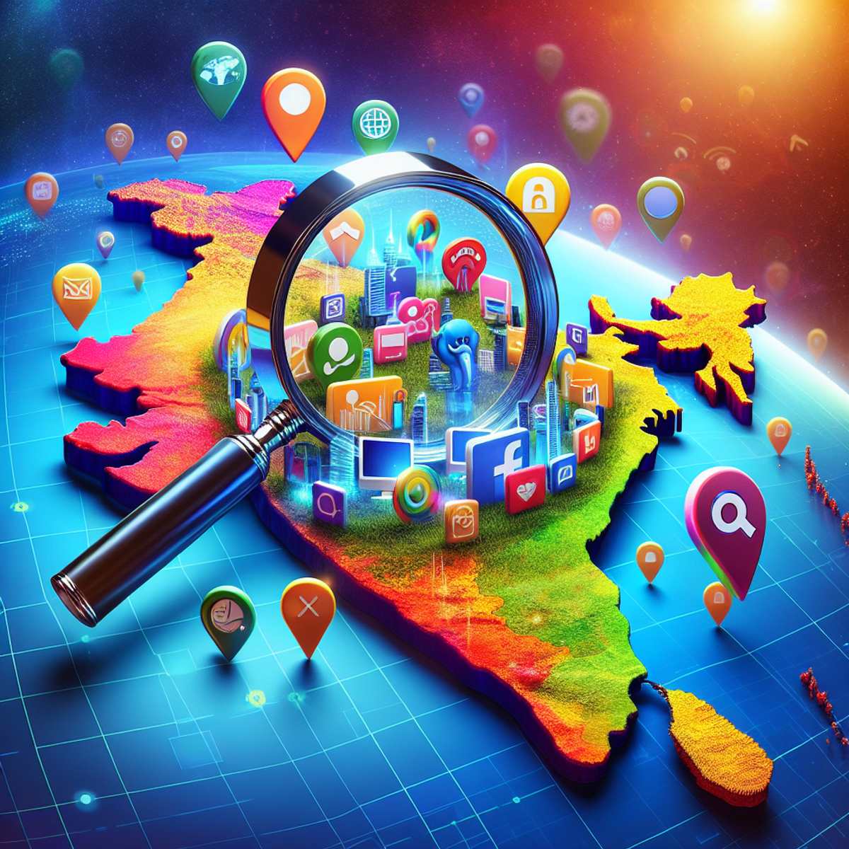 A magnifying glass hovers over a map of India, dotted with various internet platform icons.