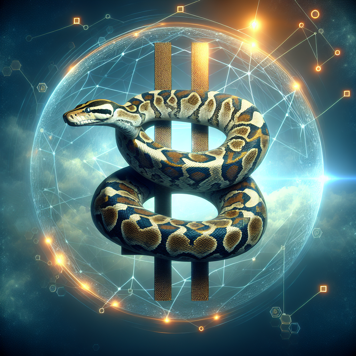 A futuristic image of a Python snake entwining a digital cryptocurrency symbol, set in an atmosphere of advanced technology and finance.