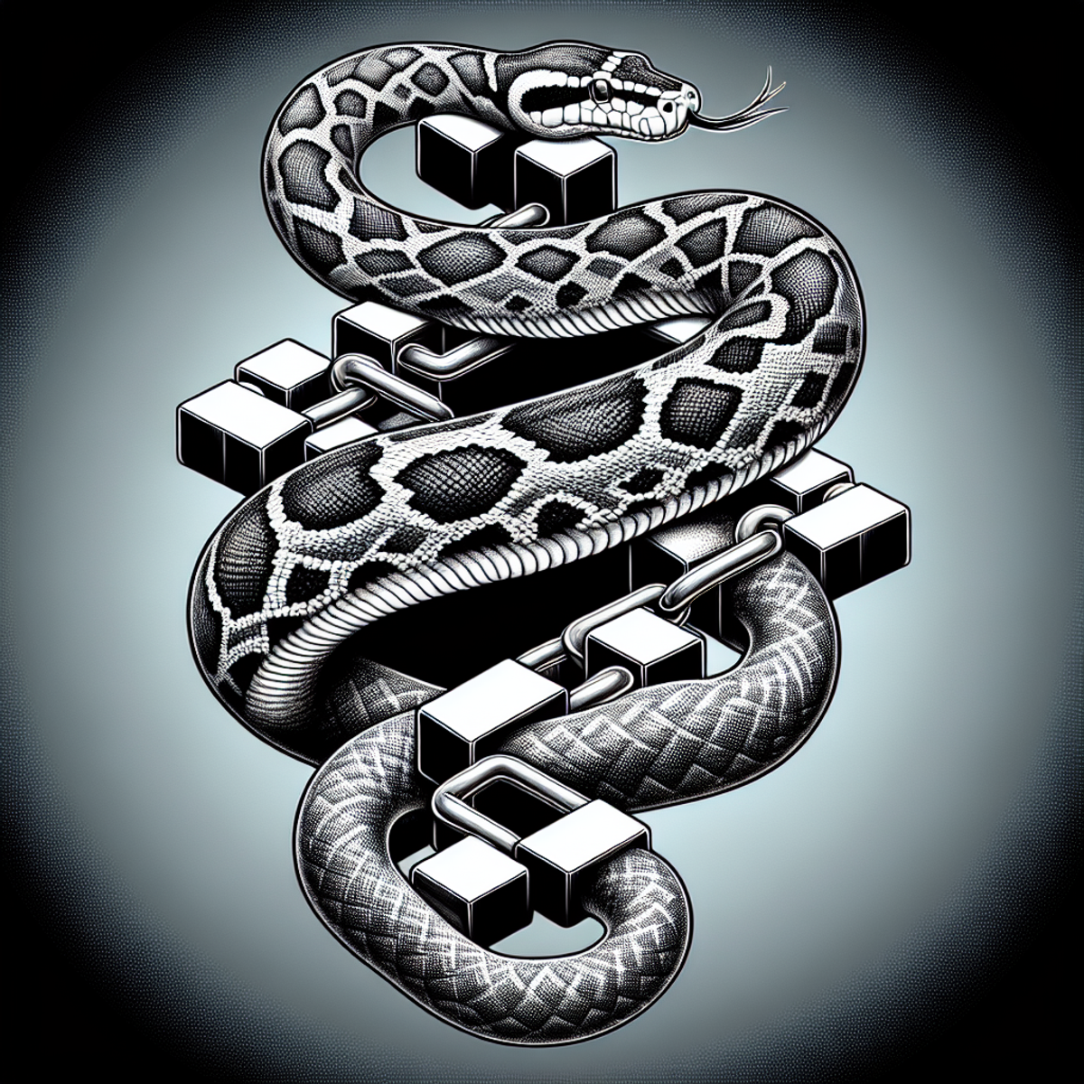 A python snake elegantly coils around a chain of interconnected rectangular blocks, symbolizing a blockchain.