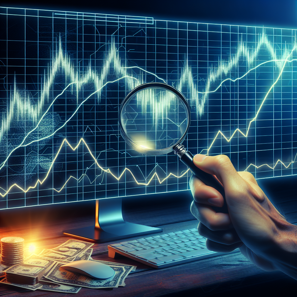 Alt text: A realistic illustration of a hand holding a magnifying glass over a glowing computer screen displaying a complex line graph representing cryptocurrency price fluctuations.