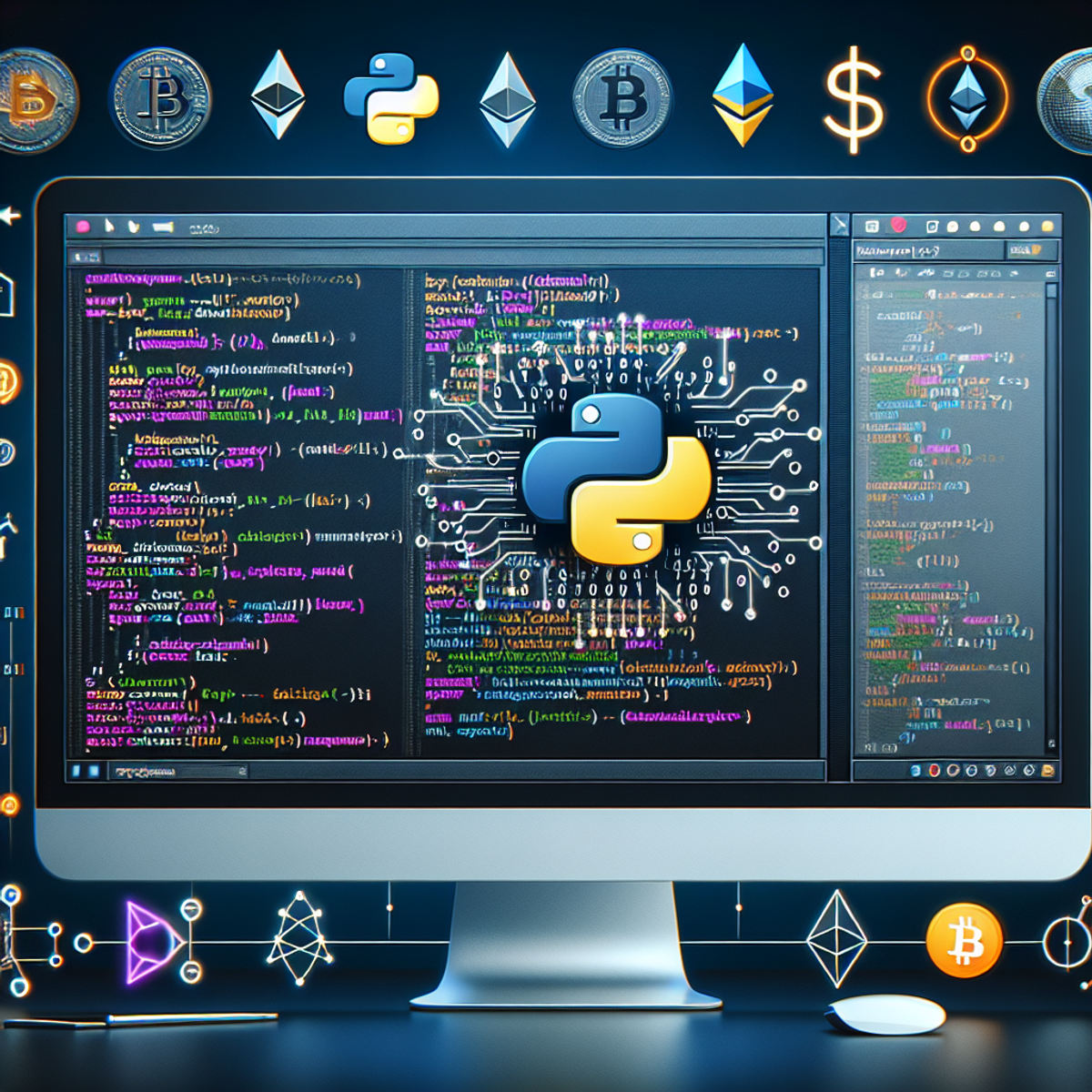 A computer screen displaying Python code related to cryptocurrency trading, with color-coded syntax and digital icons representing Bitcoin and Ethereum.