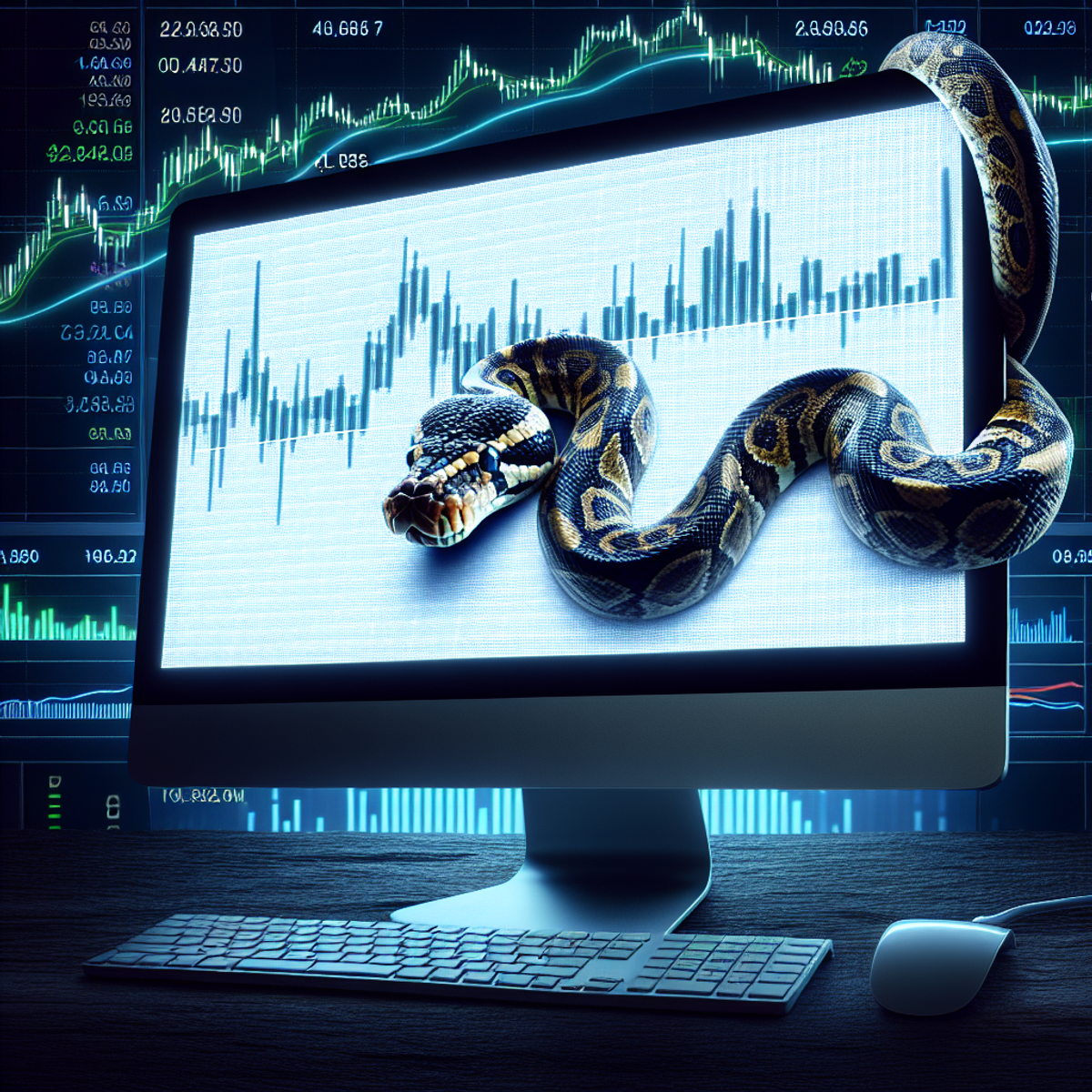 A python snake coiled around an LCD monitor displaying financial trading charts.