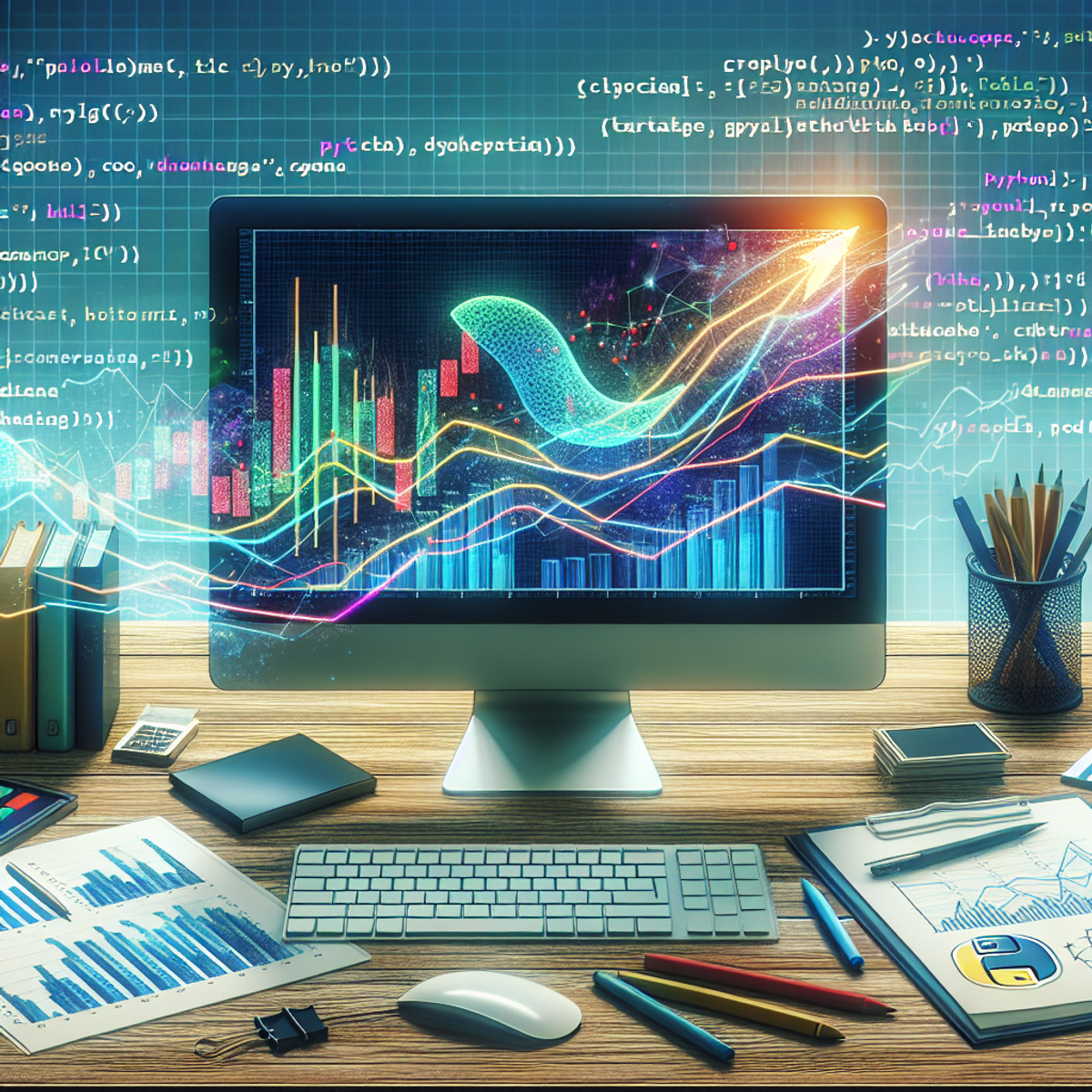 A computer screen showing colorful, dynamic cryptocurrency market graphs and charts with Python code snippets in the background.