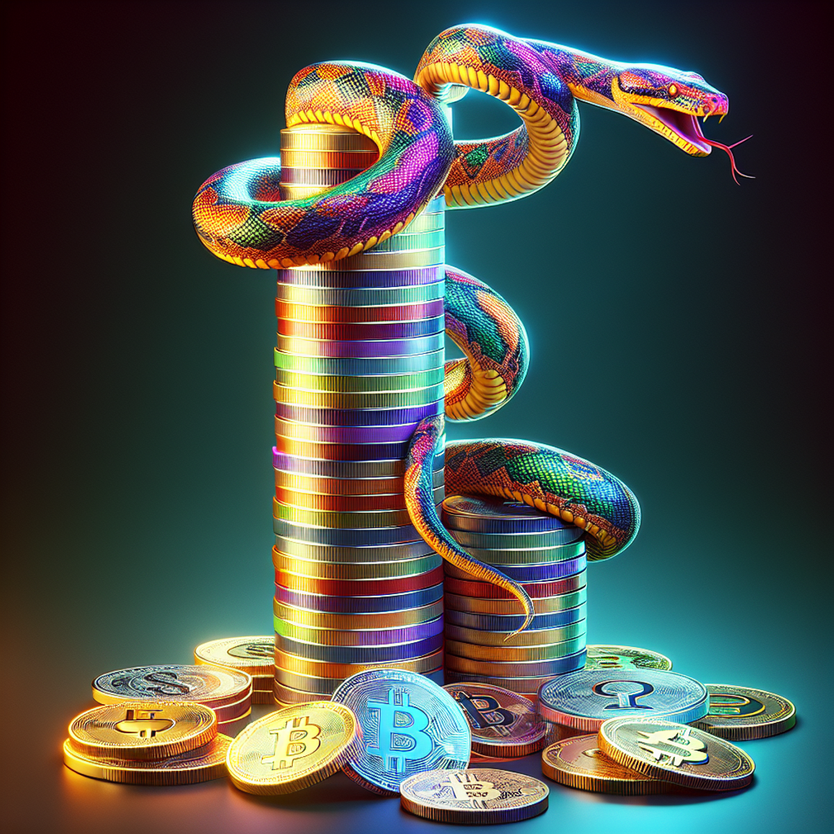 A python snake coiled around a stack of diverse cryptocurrency coins.