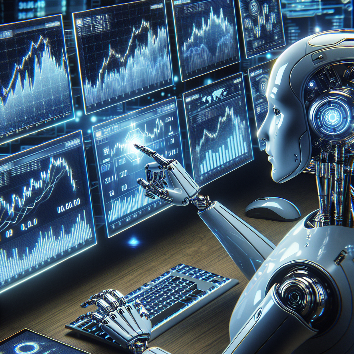 A robot with metallic fingers rapidly trading cryptocurrency in front of multiple monitors displaying graphs and charts.