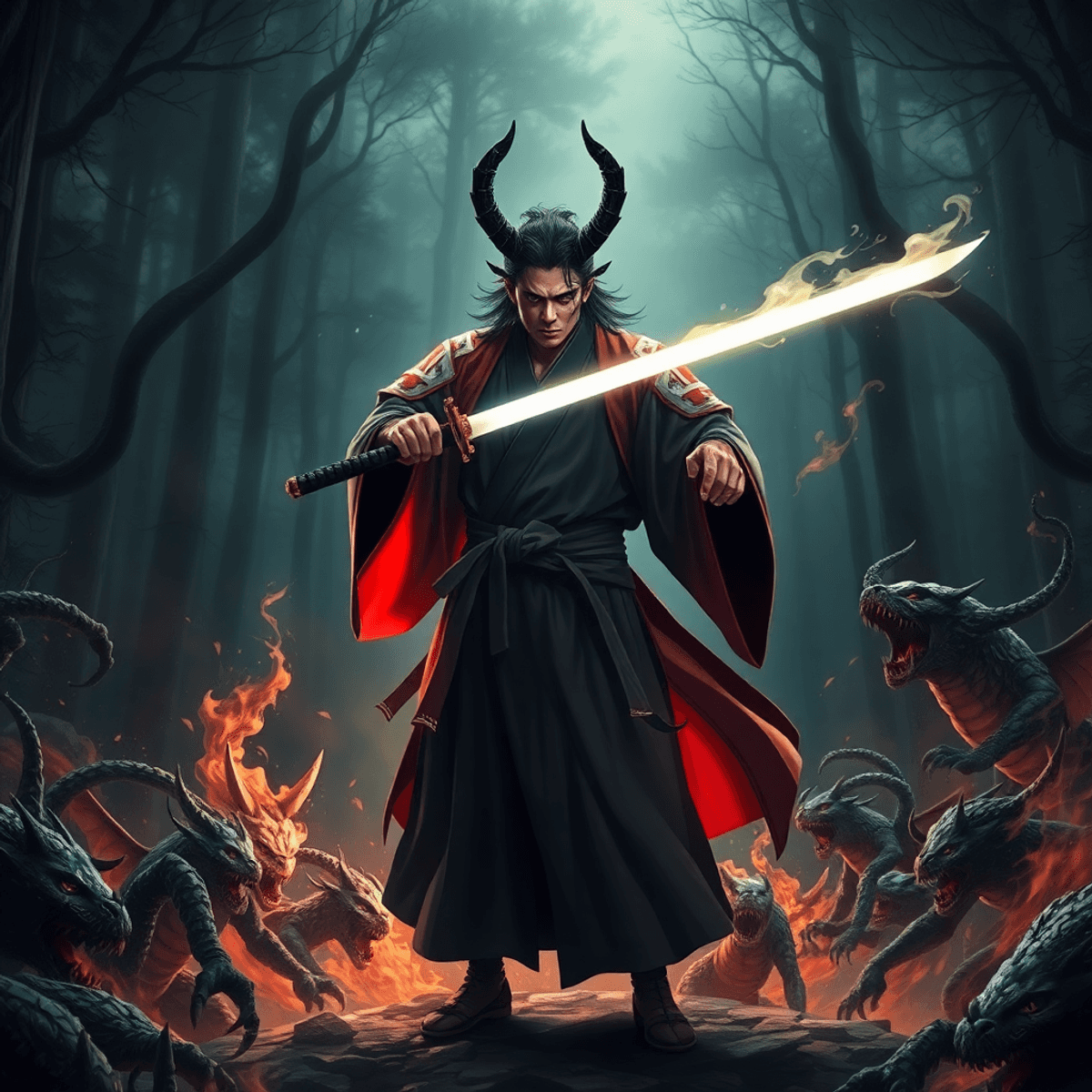 A victorious demon slayer in traditional attire with a glowing sword stands amid defeated demons in a dark, mystical forest, symbolizing strength and honor.