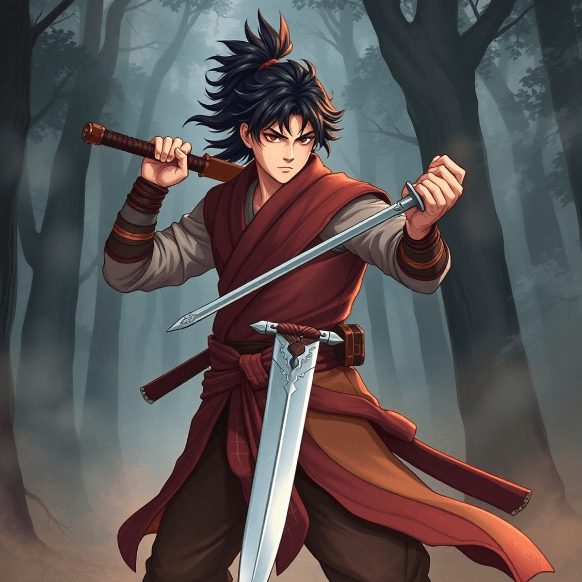 A determined young male warrior with a sword stands confidently in a misty forest, symbolizing growth and dedication on a heroic journey.