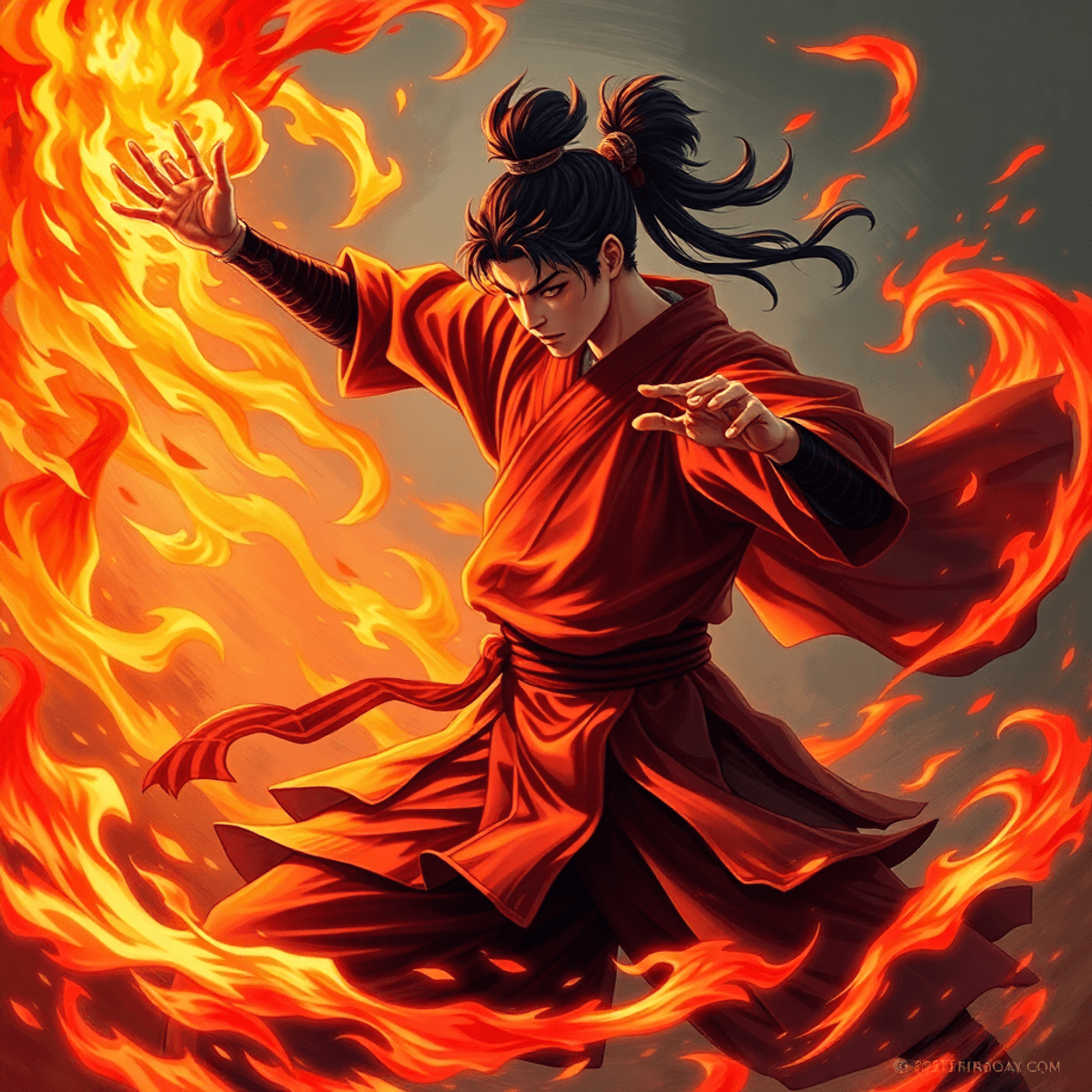 A young warrior performing a fiery traditional Japanese dance surrounded by swirling flames, symbolizing the Hinokami Kagura and Sun Breathing technique.