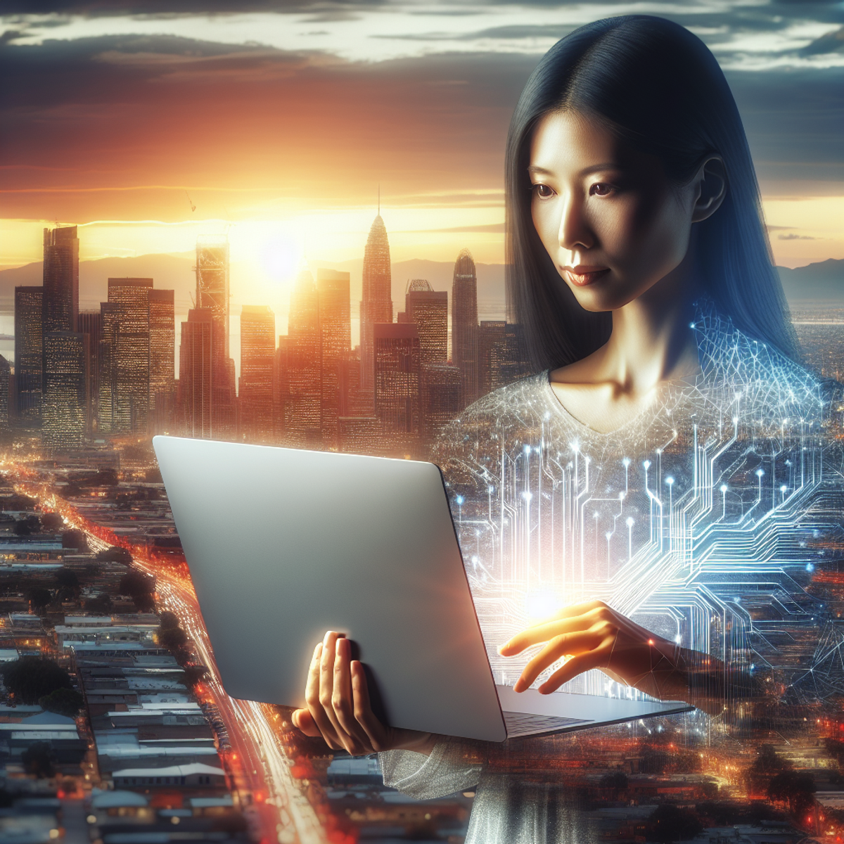 A South Asian woman holding a laptop against a city skyline at sunset.