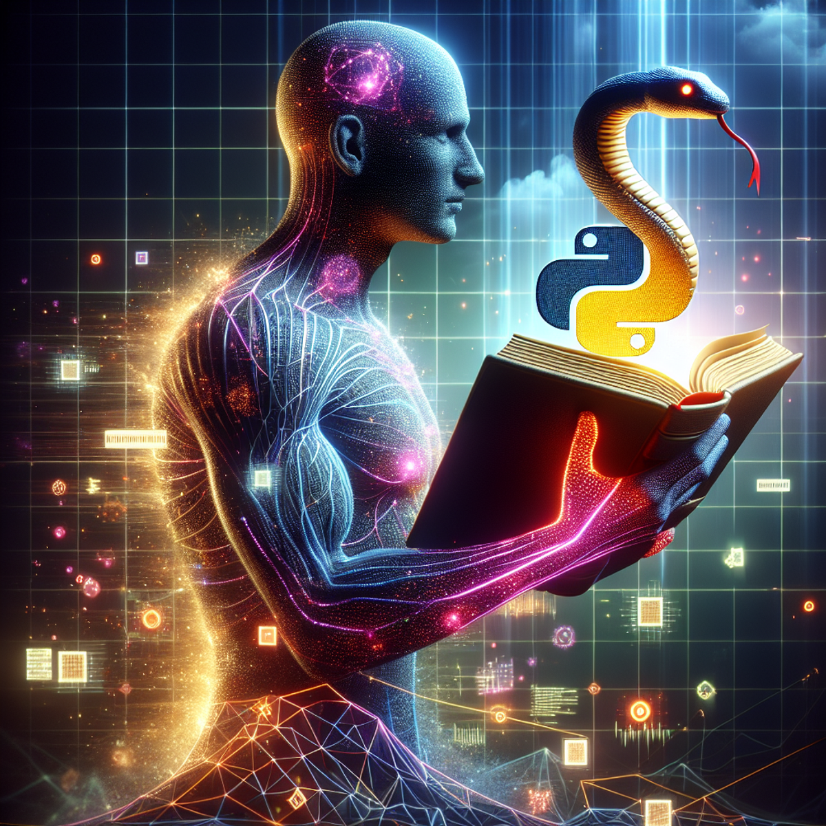 A person holding a Python programming book surrounded by data visualization graphics and energy grid lines.