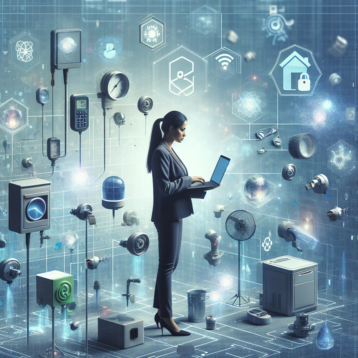 A South Asian female professional stands among smart grid assets and IoT devices, using Python code on her laptop for data collection. She is surrounded by energy-related paraphernalia, such as sensors, meters, and floating IoT devices.