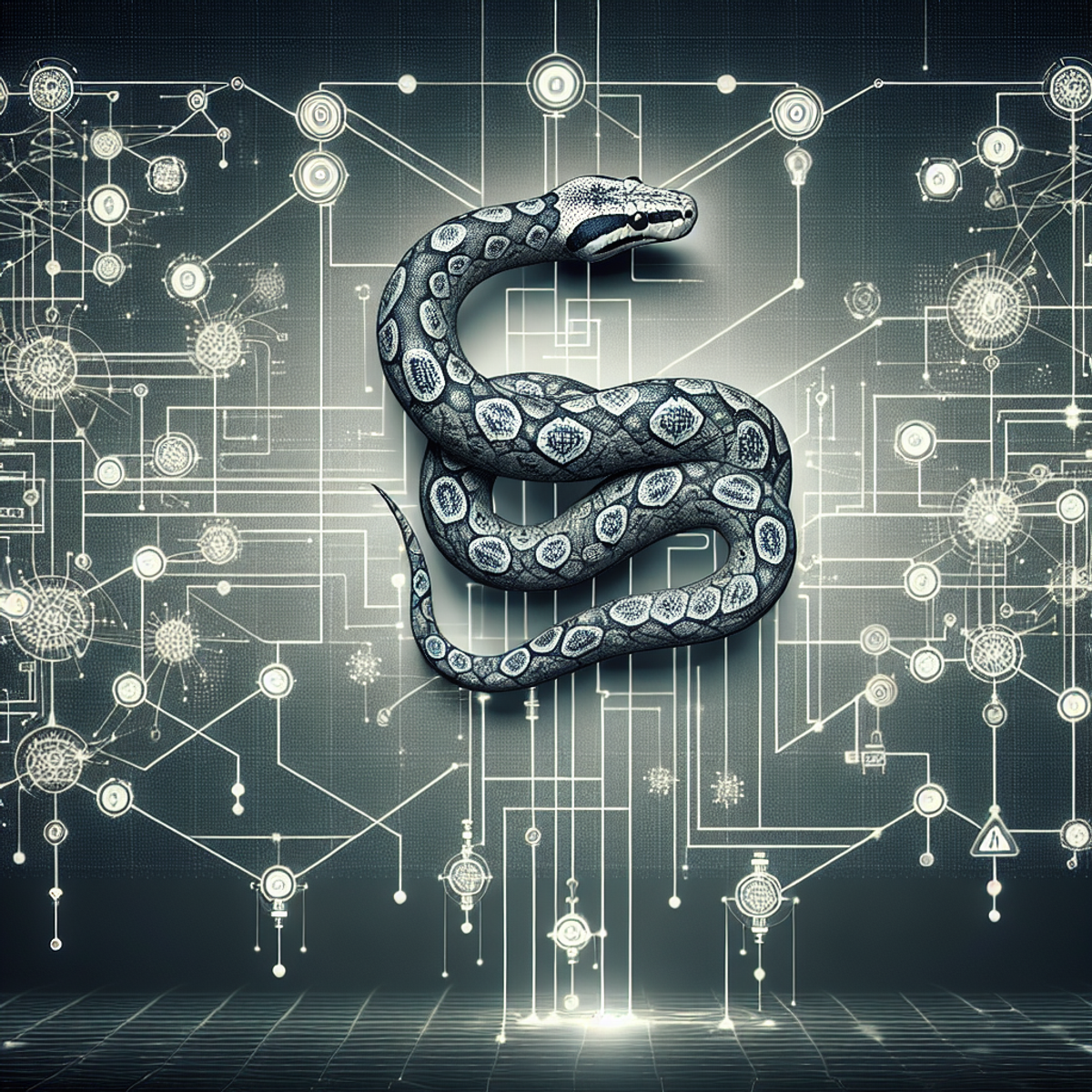 A smart grid system with interconnected nodes and lines, subtly incorporating the design of a python.