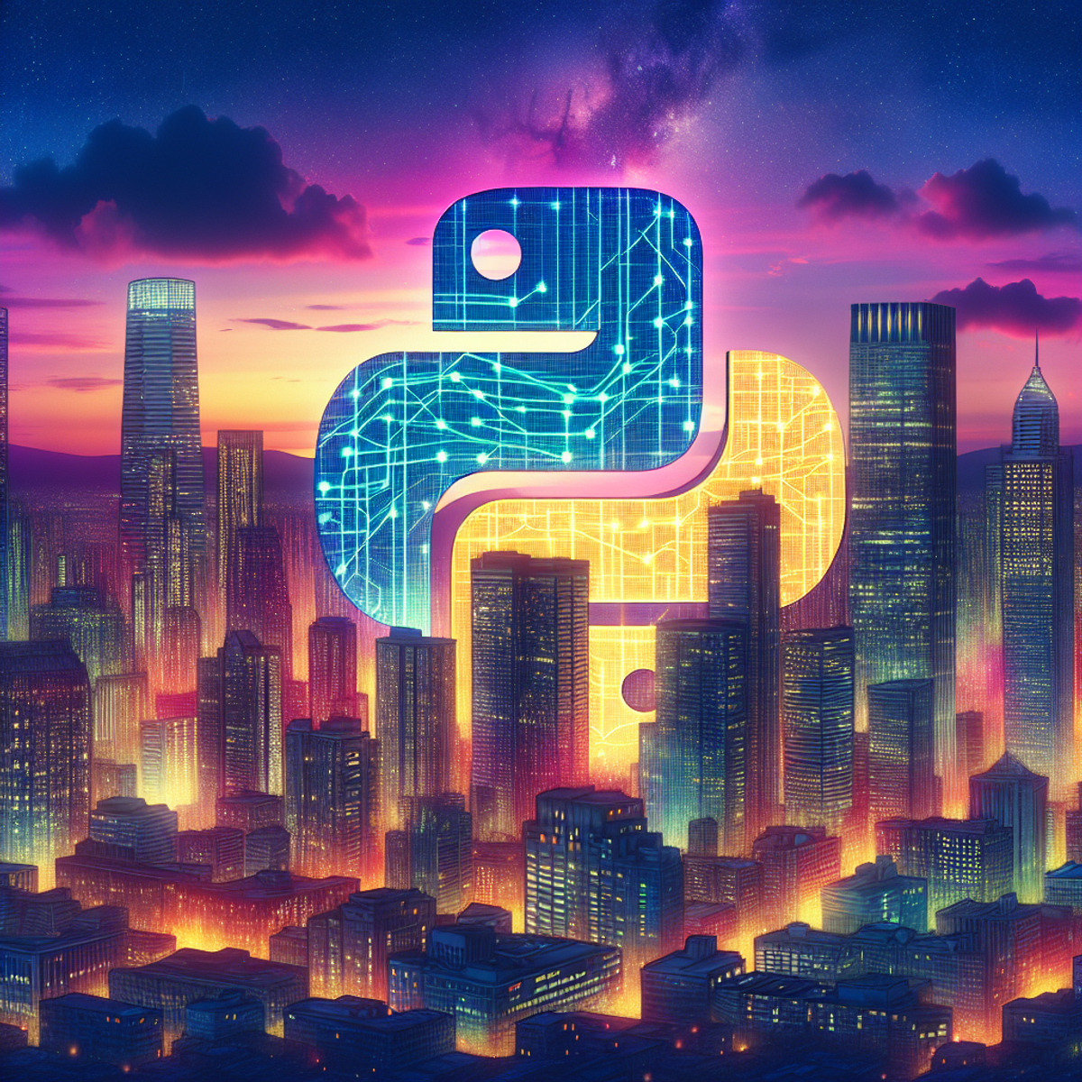City skyline with skyscrapers at twilight, featuring the Python programming language logo integrated into the architecture.