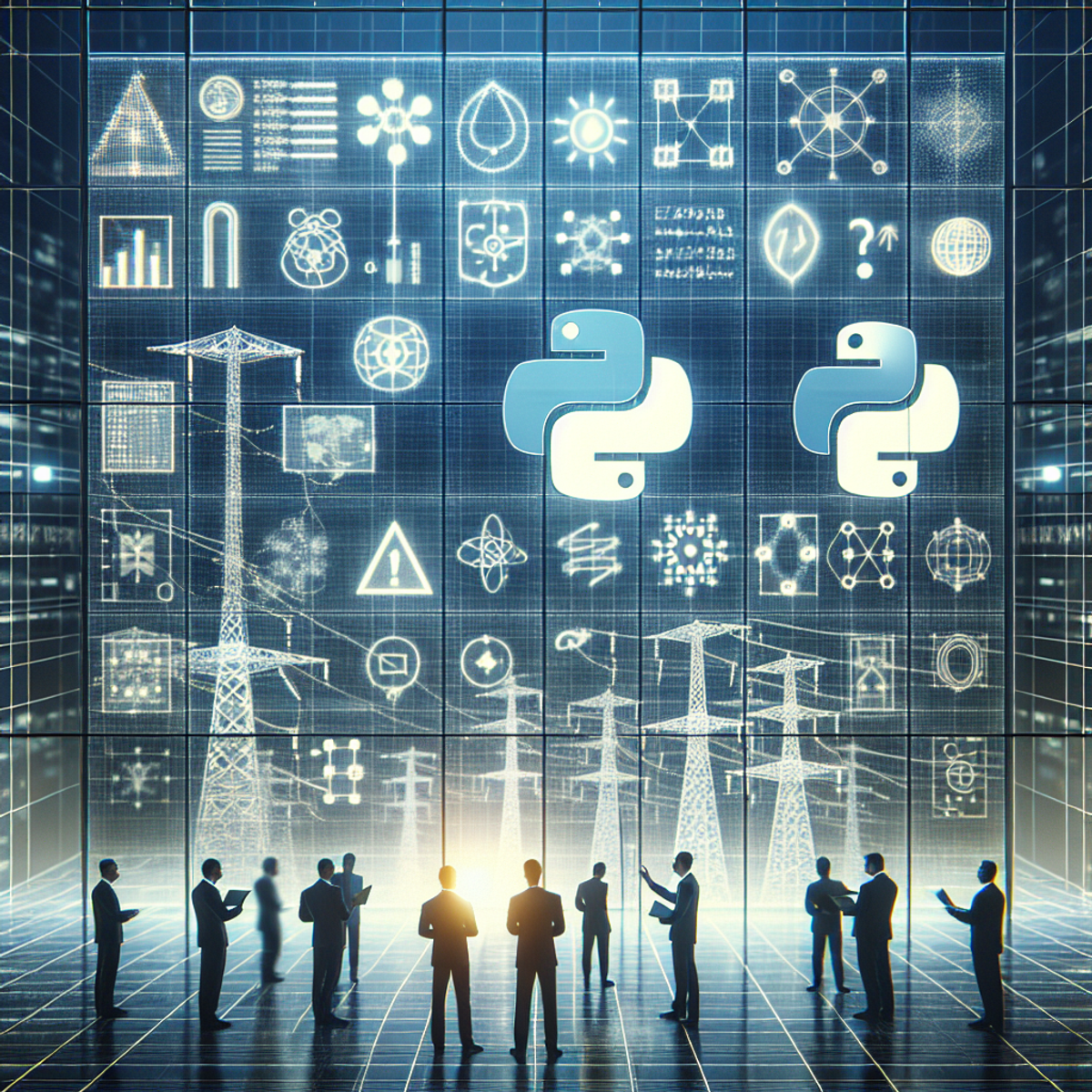 A futuristic smart grid powered by Python programming language, with people interacting and analyzing the system.