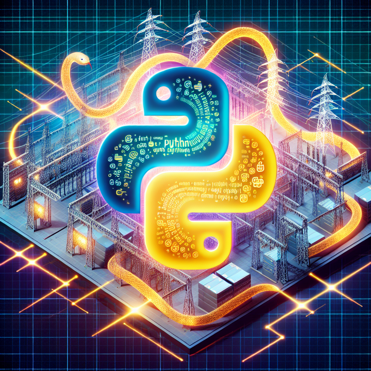 A digital illustration of a complex power grid with intertwined Python code symbols, representing the integration of Python in smart grid analytics.