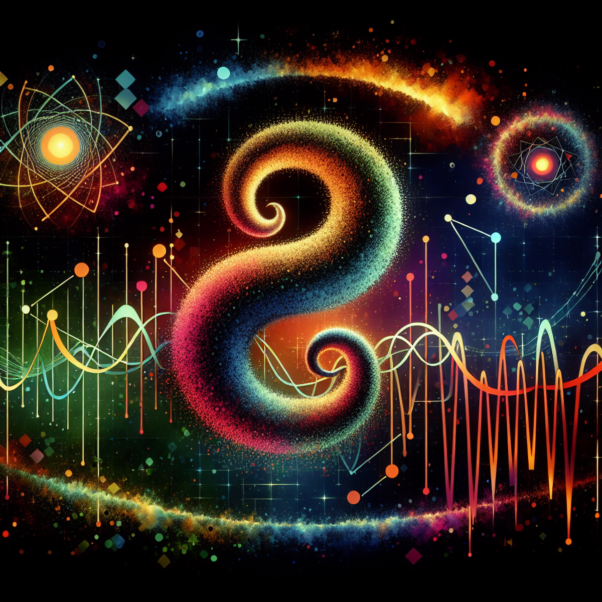 Colorful and abstract image representing Python programming and data analysis, featuring a serpent spiraling in the center, intertwined with a line graph, sinusoidal wave, and cluster of stars.