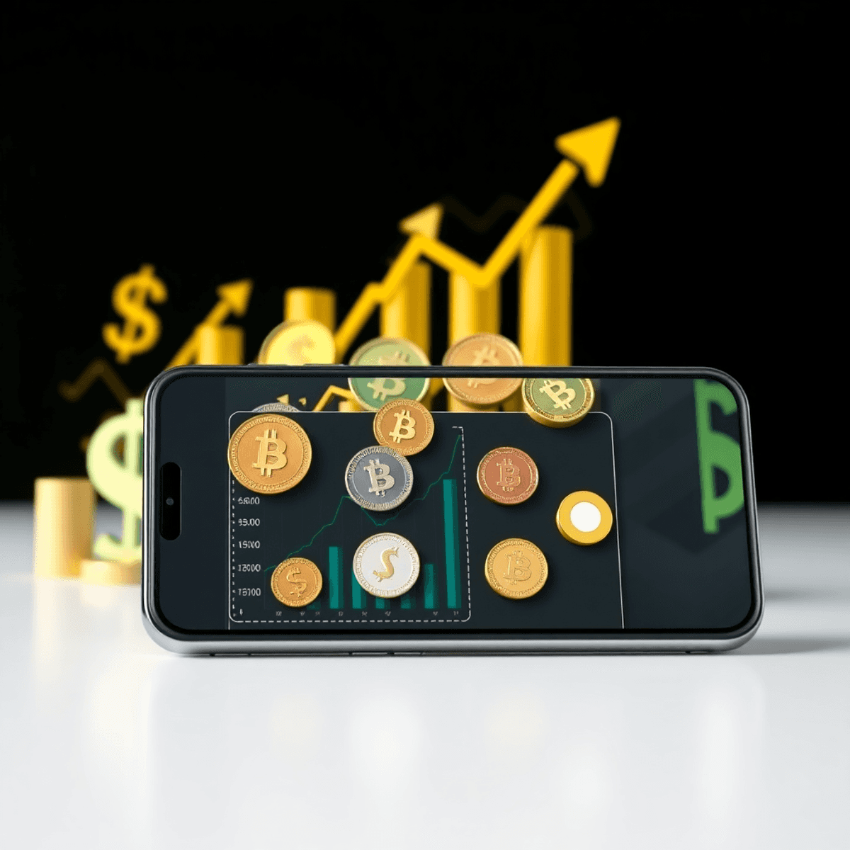 A smartphone displaying a digital wallet filled with various cryptocurrency symbols and upward trending graphs, set against a backdrop of dollar signs, representing financial growth.