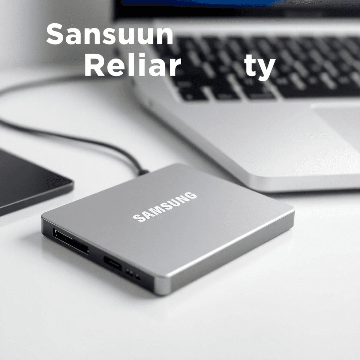 Um SSD Samsung moderno em uma mesa minimalista com um laptop ao fundo, exibindo um ambiente elegante e tecnológico.