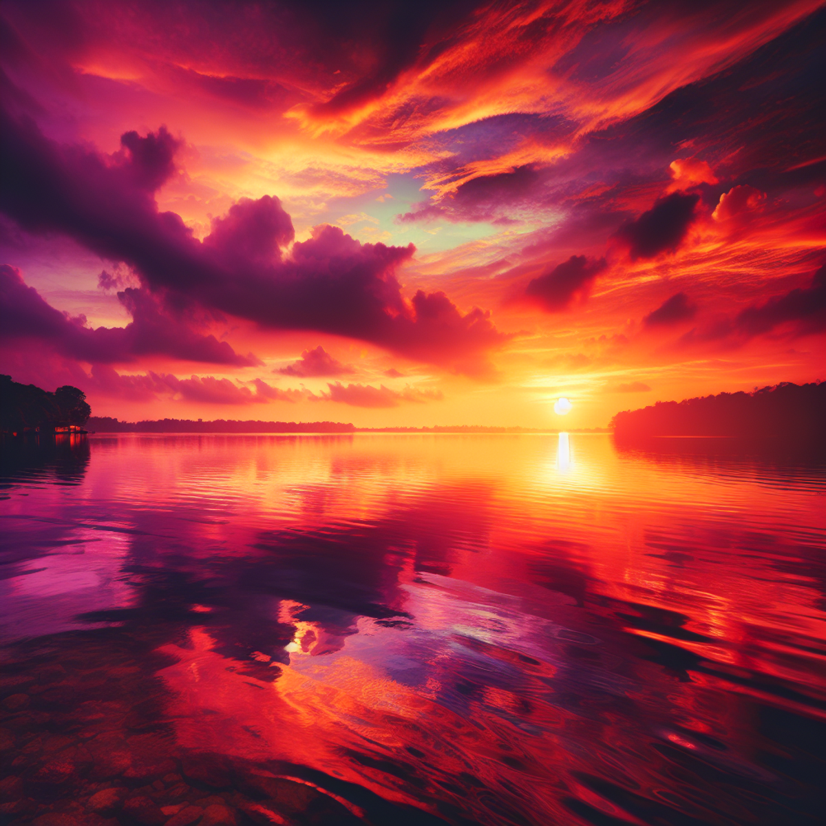 Sunset over Lake Koggala with vibrant orange, red, and purple hues reflecting on the calm waters.