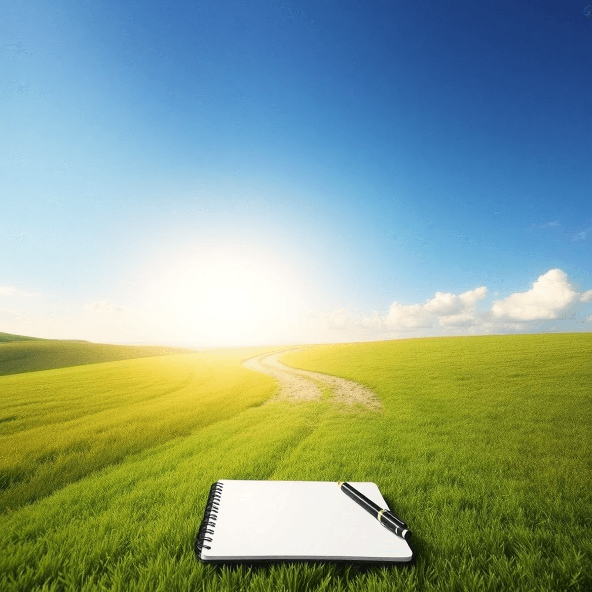 25 Powerful Questions to ask yourself to know yourself A winding path leads toward a bright horizon under a clear blue sky with fluffy clouds, accompanied by a notebook and pen resting on the grass.