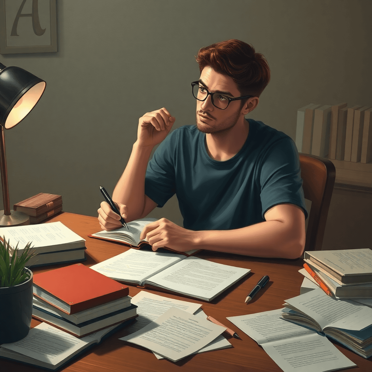 25 Powerful Questions to ask yourself to know yourself A person journaling at a desk, surrounded by notes and books on personal development, in a warm, softly lit environment that evokes reflection and growth.