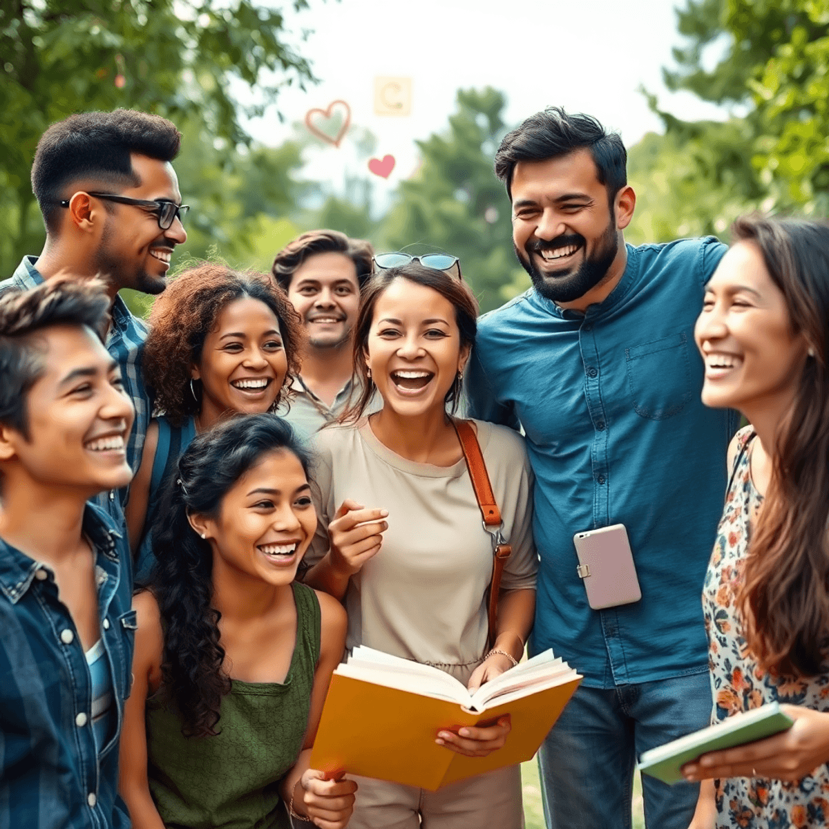25 Powerful Questions to ask yourself to know yourself A diverse group of people smiling and engaging in joyful activities outdoors, surrounded by nature with art supplies and books, reflecting passion and purpose.