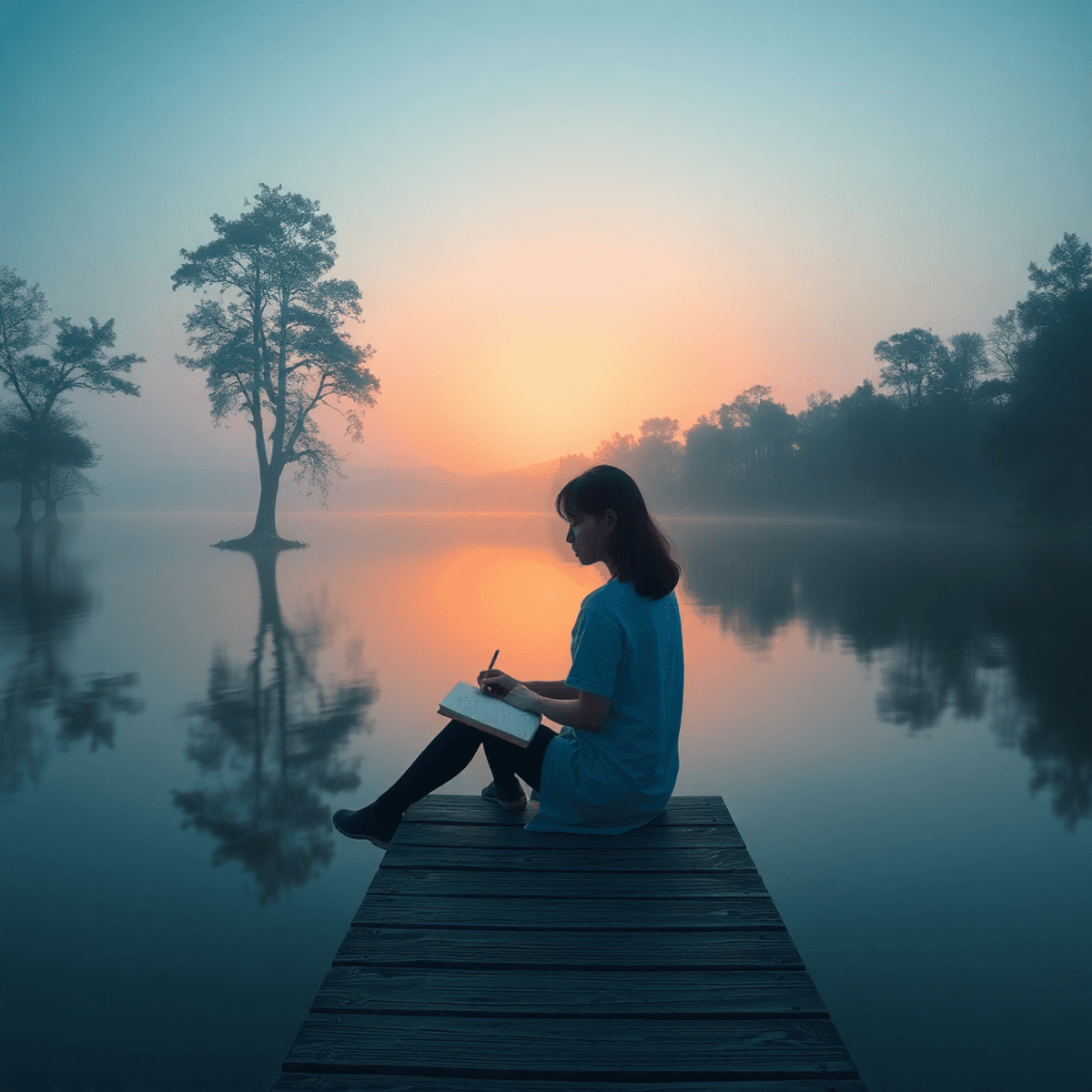 25 Powerful Questions to ask yourself to know yourself A calm lake surrounded by trees at dawn, with a person sitting on a dock, writing in a journal, reflecting in the serene atmosphere.