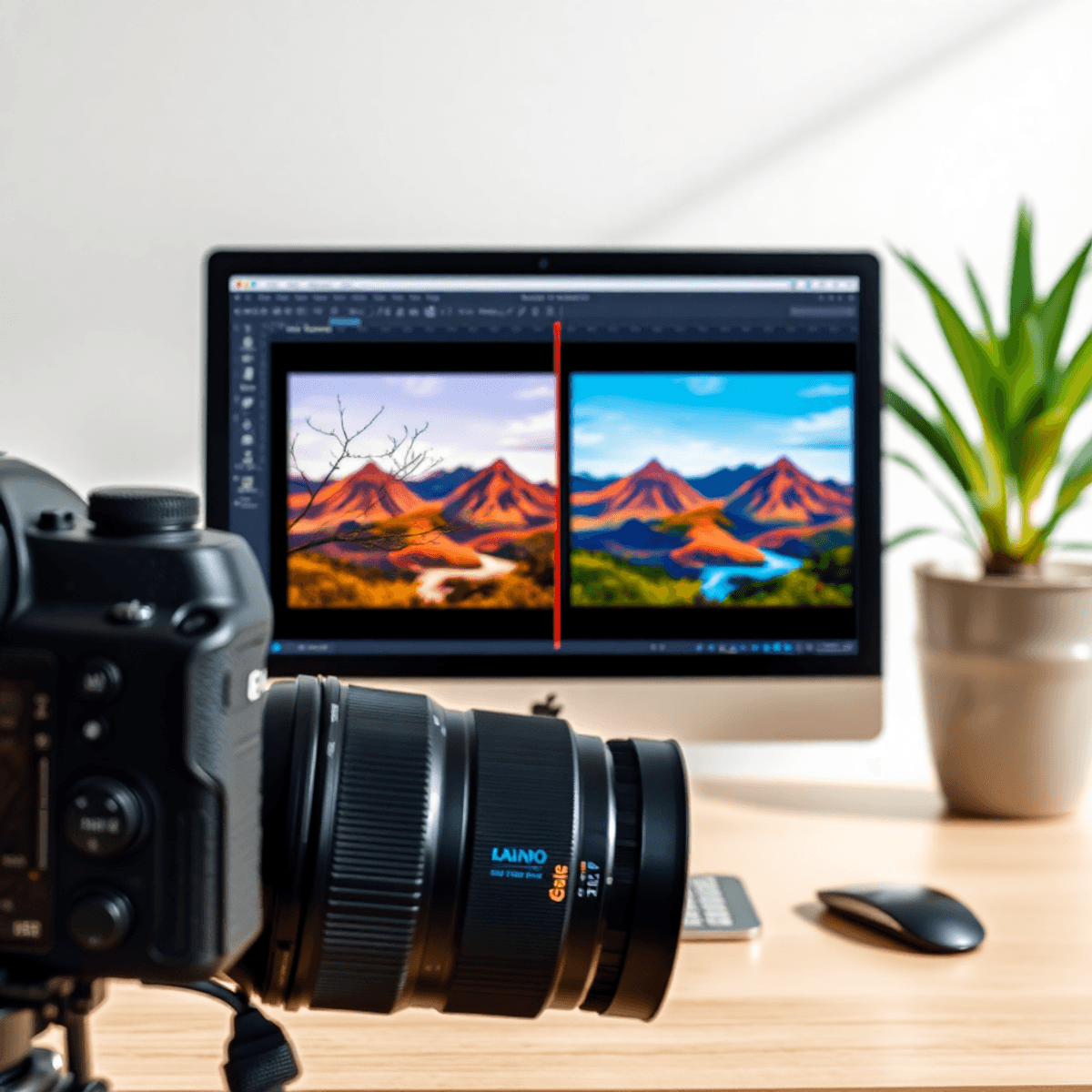 photography level 3 editing to consider “cheating” A camera sits beside a computer displaying a vibrant before-and-after landscape photo comparison, highlighting editing improvements and creative photography.