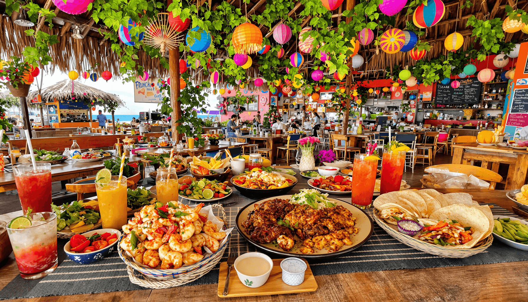 Mariscos Near Me – Best Local Seafood & Mexican Spots 2025 2 Colorful Mexican seafood dishes on rustic tables in a vibrant, festive coastal restaurant with bright decorations.
