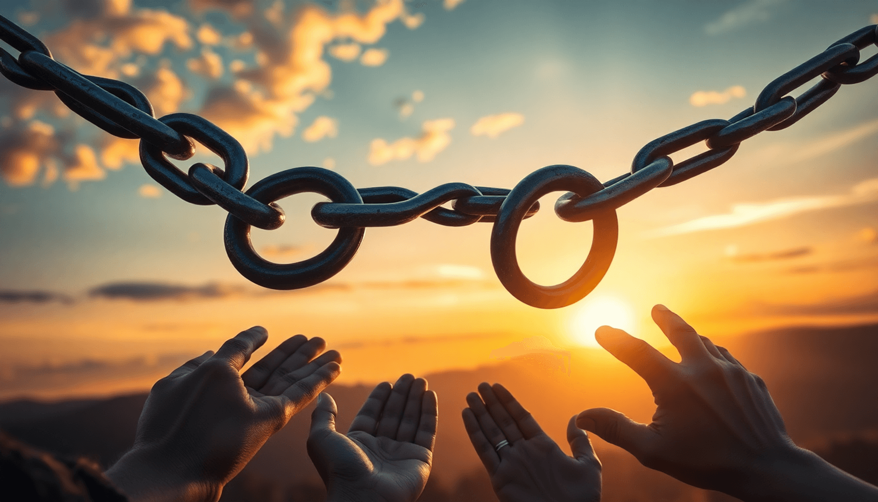 A broken chain against a sunrise, symbolizing recovery from addiction, with prescription pill bottles and supportive hands, embodying hope and resilience.
