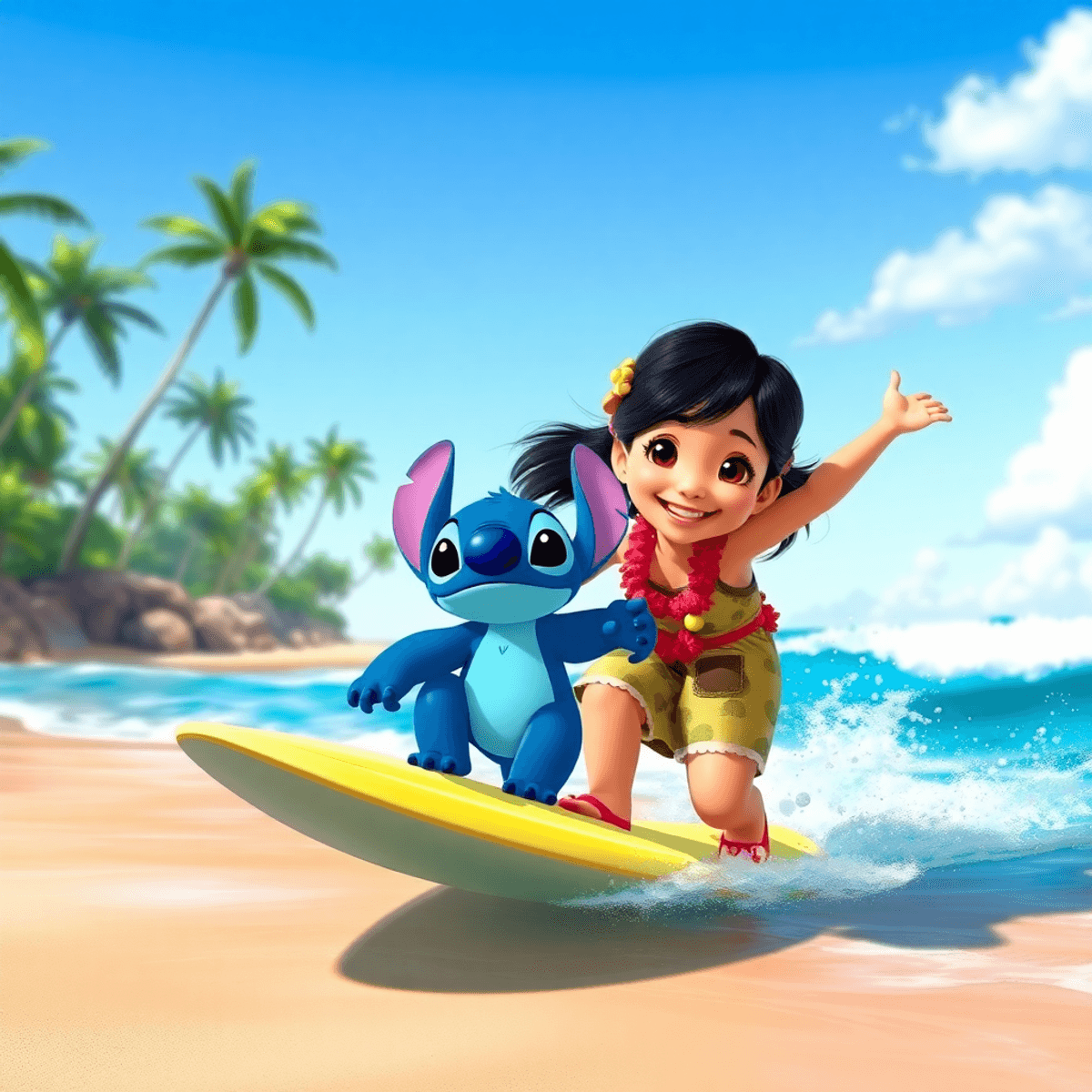 Mladá dievčina sa radostne surfuje s malým modrým mimozemšťanom na živých havajských plážach, s palmami a jasnou modrou oblohou v pozadí.