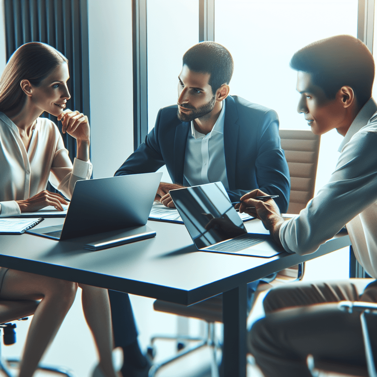 A dynamic office scene featuring a Caucasian woman, a Hispanic man, and an East Asian man sitting around a sleek modern table. They are engaged in a lively discussion, with laptops and notepads scattered on the table, indicating their active collaboration. The atmosphere is focused and energetic, reflecting teamwork and innovation in the field of artificial intelligence and natural language processing.