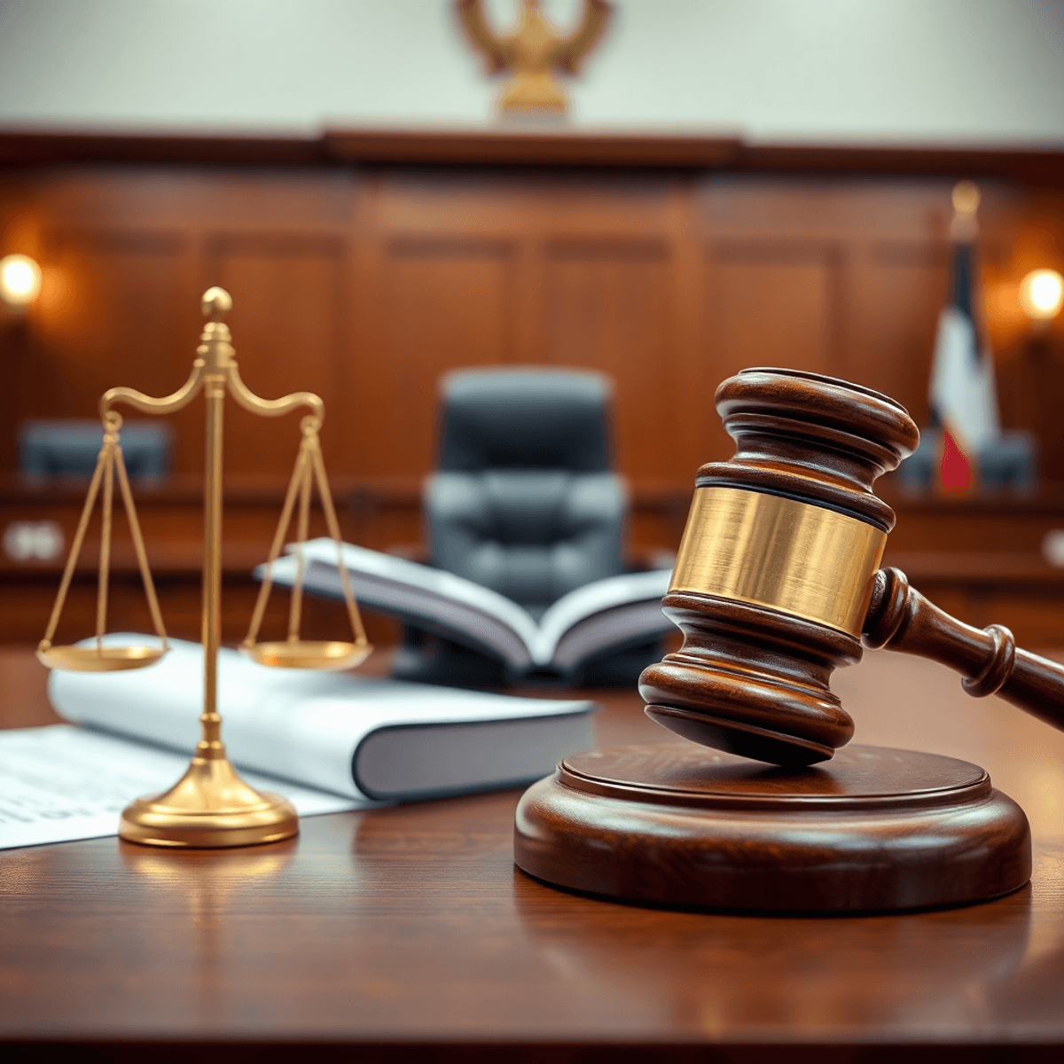 A realistic courtroom scene featuring a judge's gavel, legal documents, and a scale of justice, conveying seriousness and professionalism in legal decisions.