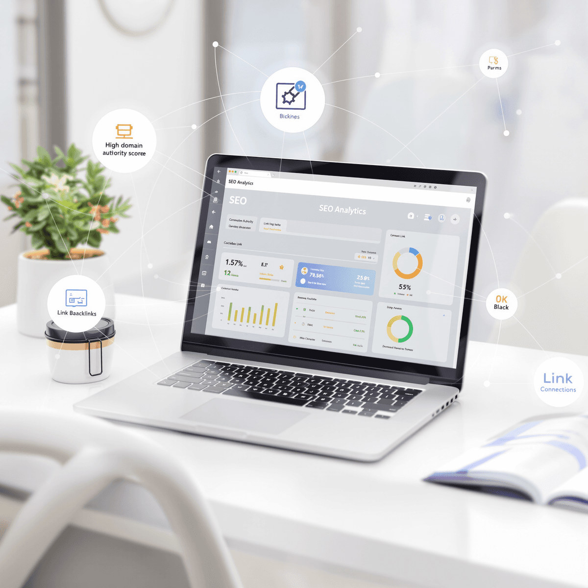 A modern workspace with a laptop showing SEO analytics charts and icons for backlinks, domain authority, and link connections on a bright background.