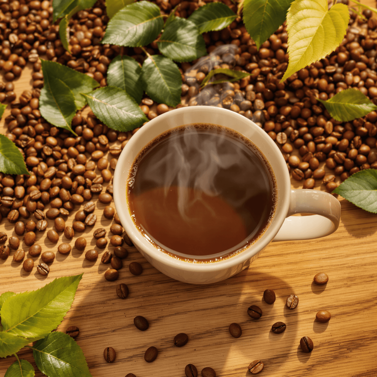 A steaming cup of coffee on a wooden table with coffee beans and green leaves, bathed in soft morning light highlighting the rich brown coffee.