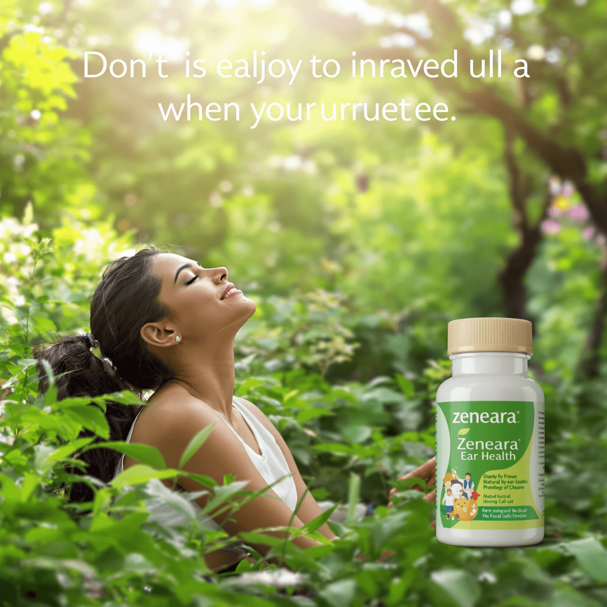 A person sitting peacefully in a lush green environment, eyes closed, surrounded by plants and flowers, embodying tranquility and well-being in nature.