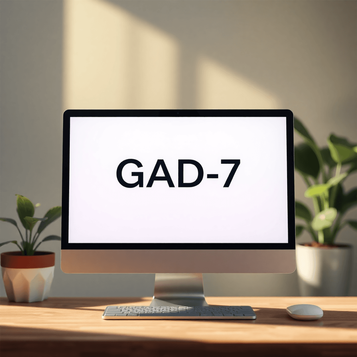 Pantalla de computadora mostrando el test GAD-7 en un entorno acogedor, con plantas y luz suave que sugieren bienestar emocional.