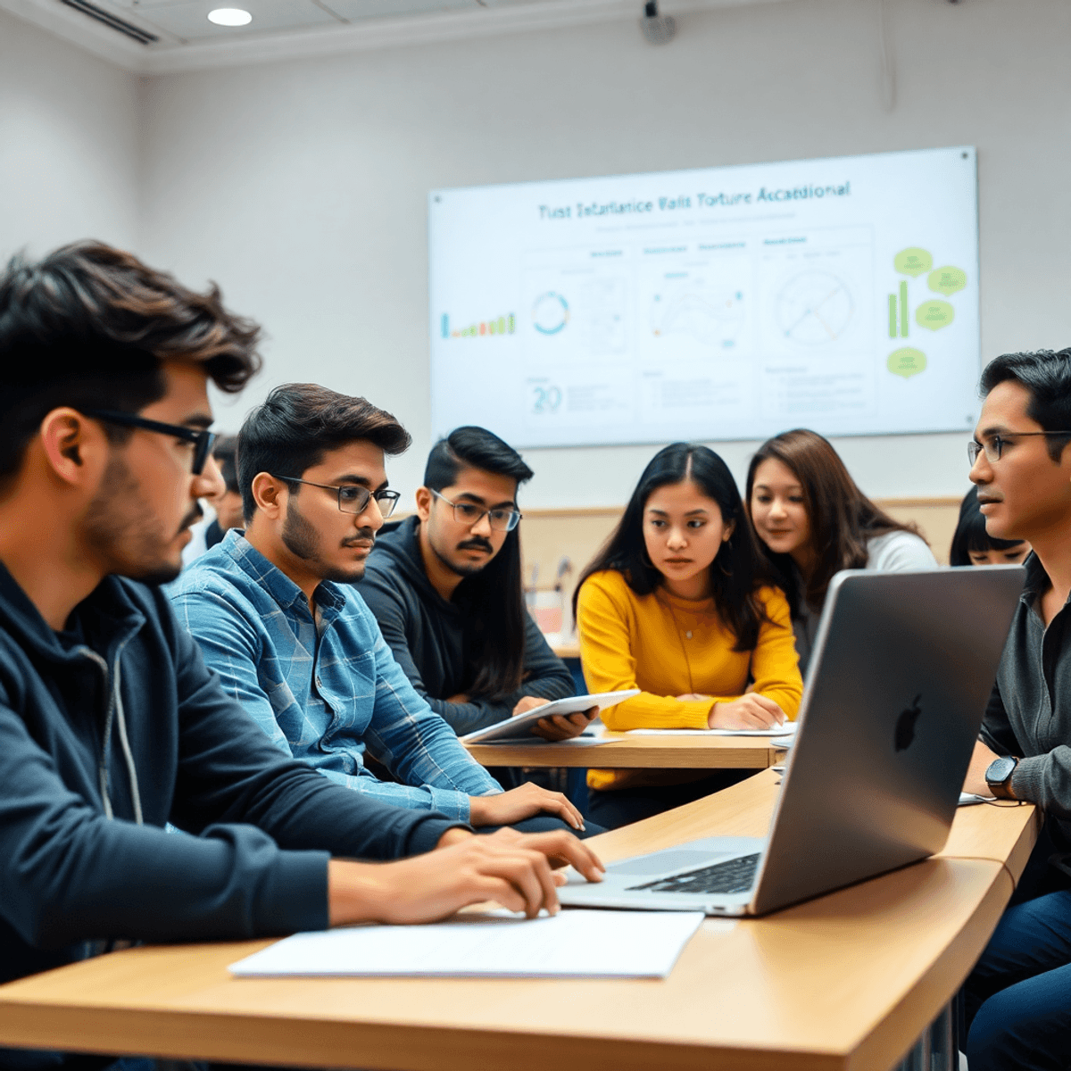 Un grupo diverso de estudiantes sentados en un aula moderna, mirando una computadora portátil con interés mientras realizan un test vocacional en línea. Gráficos en la pizarra.