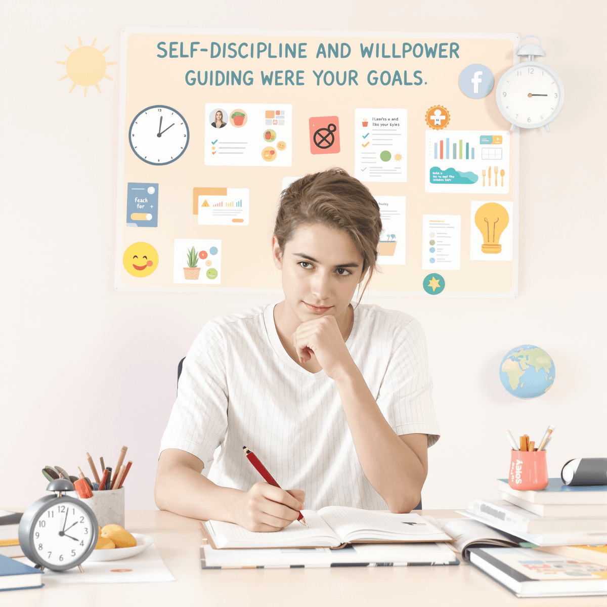 A focused young person at a desk with a notebook, pen, clock, healthy food, books, and a vision board symbolizing self-discipline and personal growth.