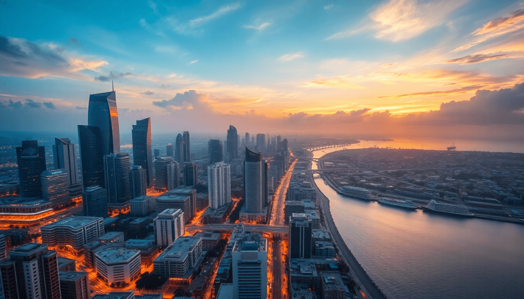 Aerial view of a vibrant modern city at sunset with tall skyscrapers, busy streets, and a glowing coastline with ships.