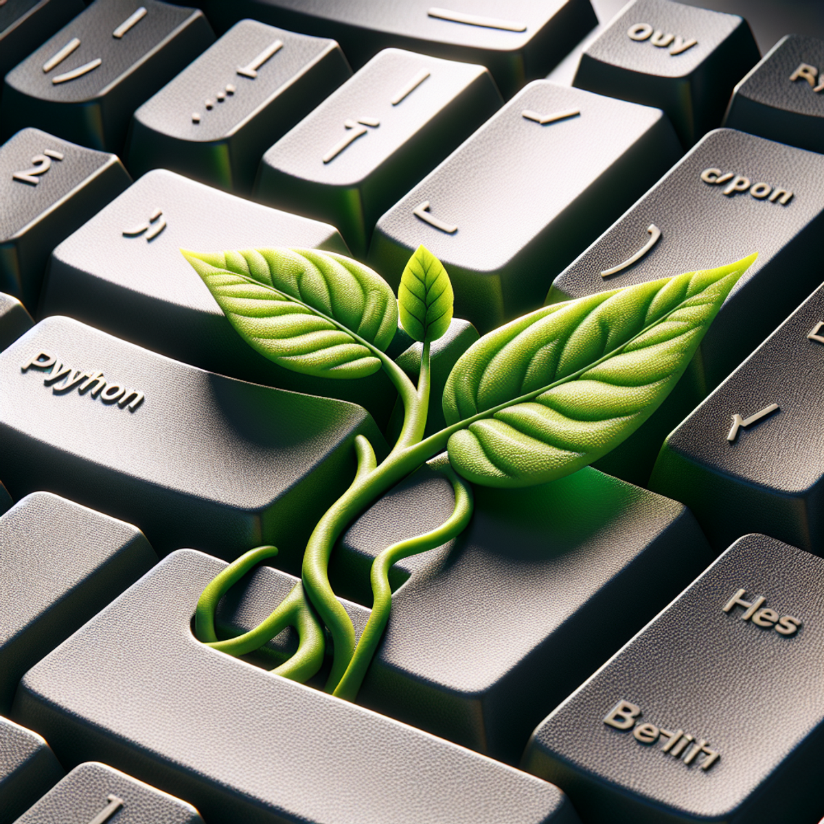 A computer keyboard with a green leaf sprouting from the keys.